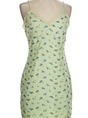 NWOT Lace-Trim Slip Dress in Light Green with Blue Floral Print